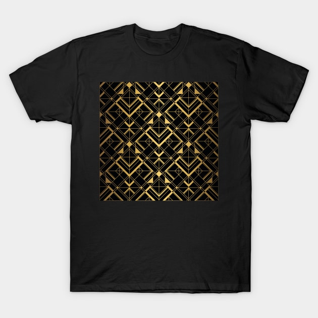 Thick Black and Gold Vintage Art Deco Geometric Square Tiled Pattern T-Shirt by podartist